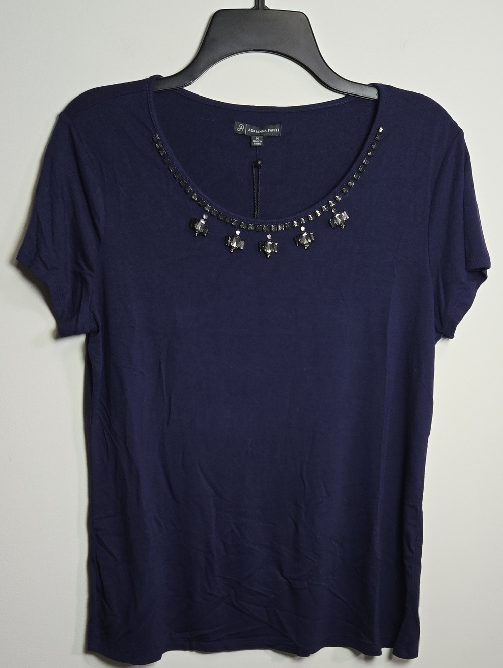 Adrianna Papell Navy Blue Short Sleeve Tee with Beaded Jewel Neckline Medium
